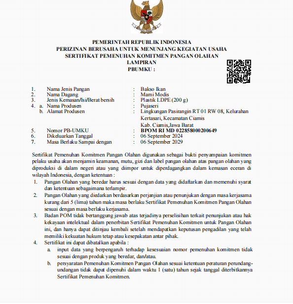 Sertifikat Pemenuhan Komitmen Pangan Olahan (BAKSO IKAN)