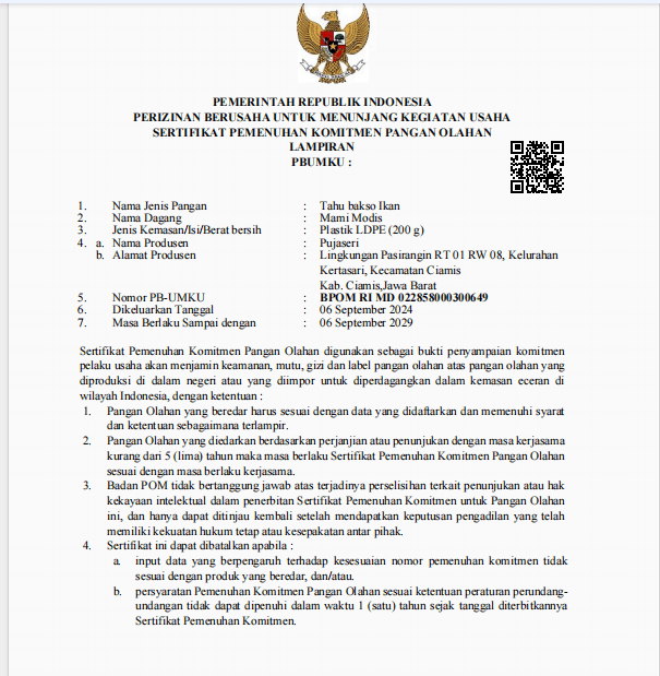 Sertifikat Pemenuhan Komitmen Pangan Olahan (TAHU BAKSO IKAN)
