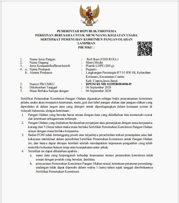 Sertifikat Pemenuhan Komitmen Pangan Olahan (FISH ROLL)